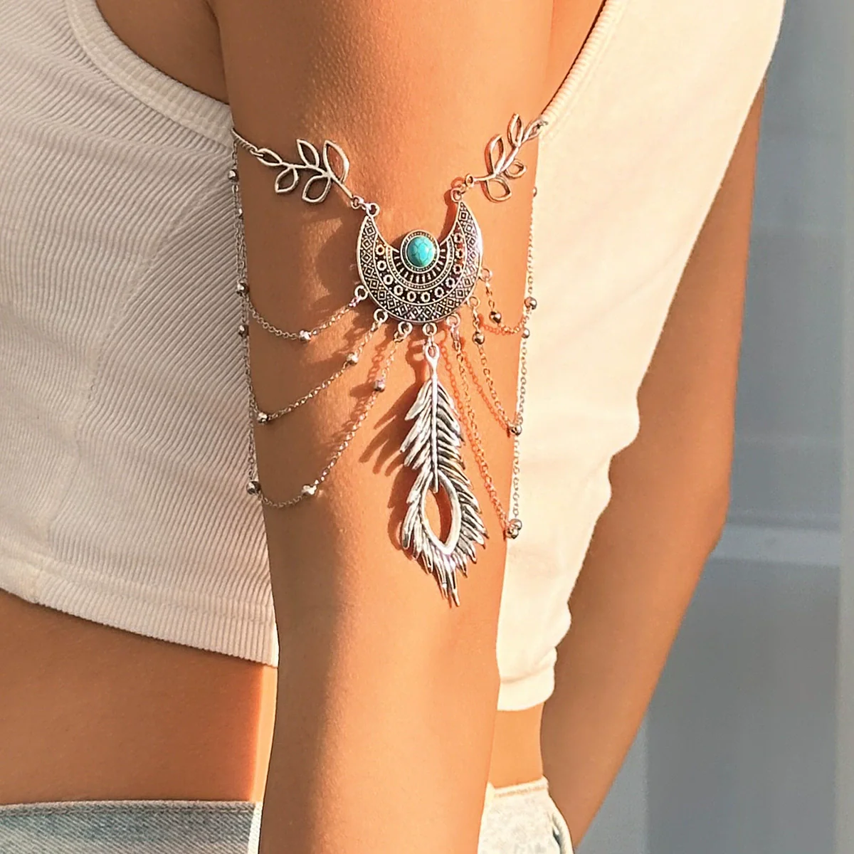 Alloy Metal Arm Chain Jewelry Punk Retro Geometric Dream Catcher Leaf Tassel Open Bracelet With Electroplating - Image 7