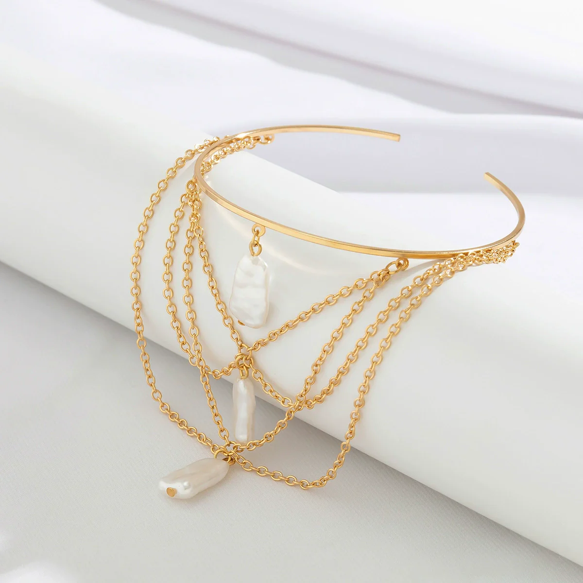 Alloy Metal Chain Imitation Pearl Arm Bracelet Starshaped Electroplated For Women - Image 4