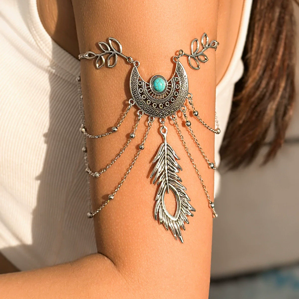 Alloy Metal Chain Jewelry Arm Chain Punk Retro Dream Catcher Leaf Tassel Open Bracelet Electroplated
