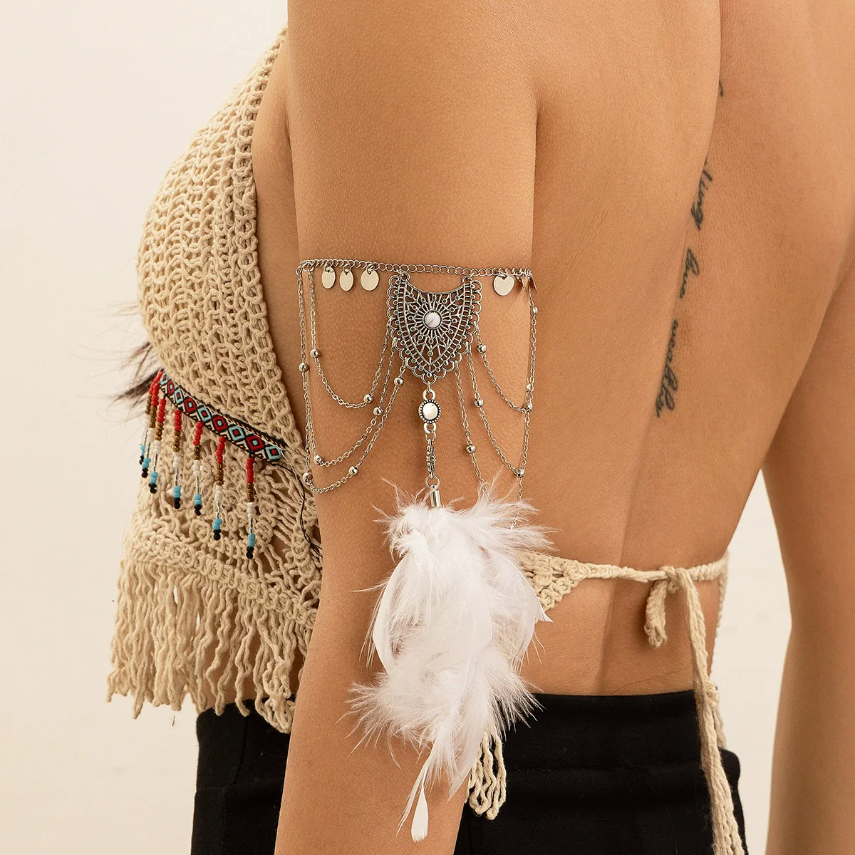 Alloy Metal Chain Jewelry Arm Chain Punk Retro Dream Catcher Leaf Tassel Open Bracelet Electroplated - Image 3