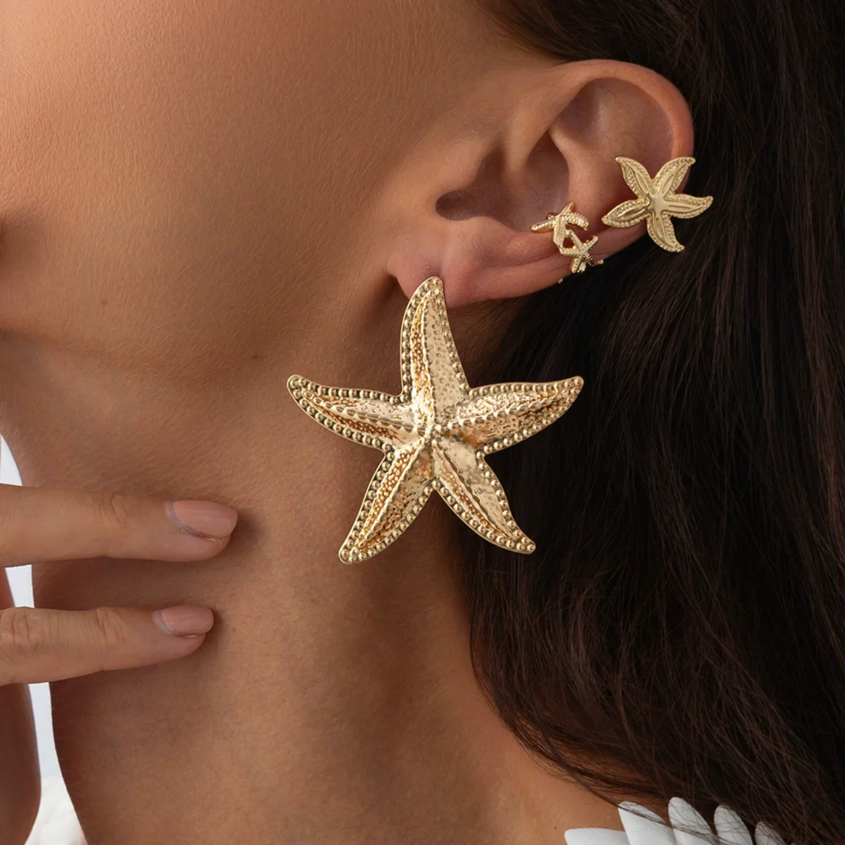 Alloy Metal Flower And Star Shape Ear Clip Set With Electroplating Technique - Image 3