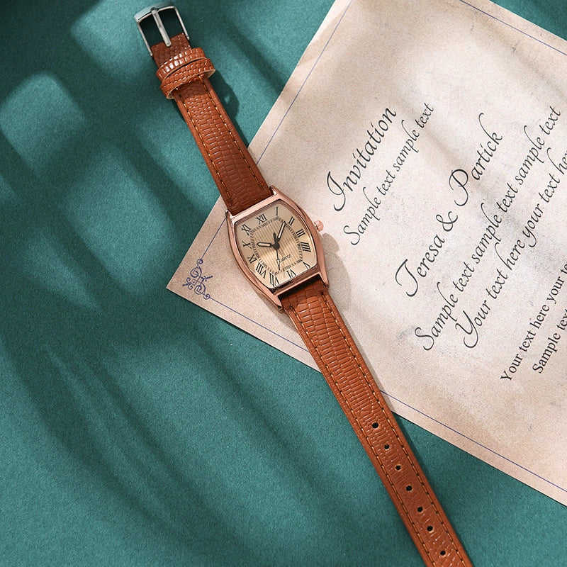 Alloy Mineral Reinforced Mirror Casual Barrel Shape Women's Waterproof Quartz Watch With Imitation Leather Strap