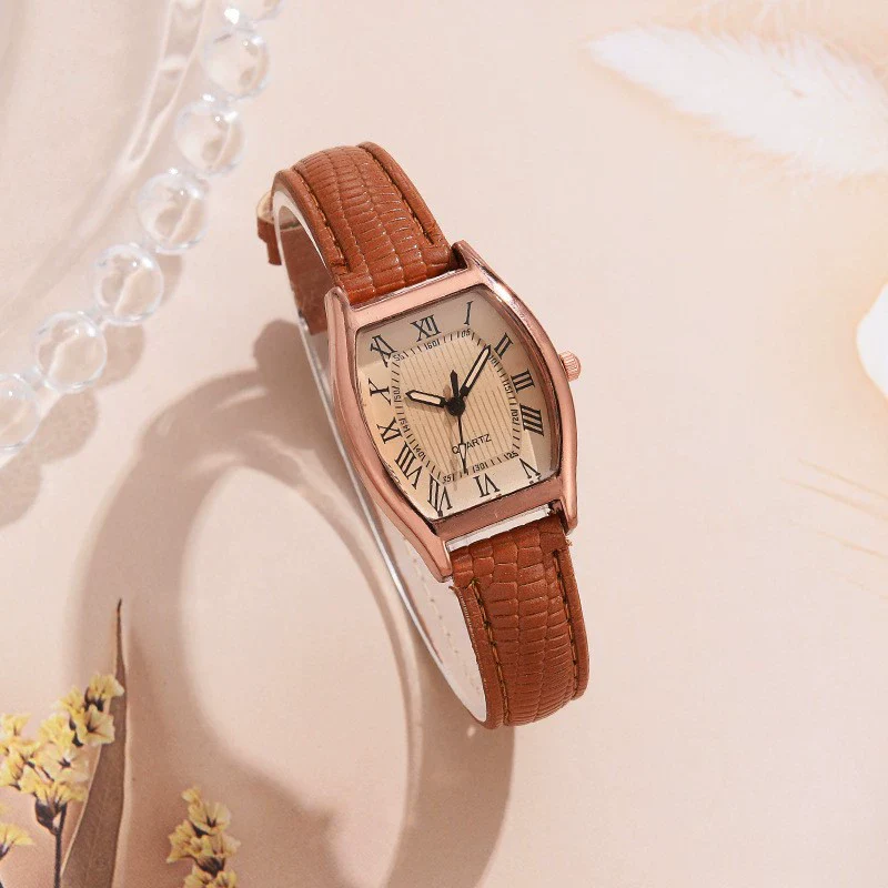 Alloy Mineral Reinforced Mirror Casual Barrel Shape Women's Waterproof Quartz Watch With Imitation Leather Strap - Image 6