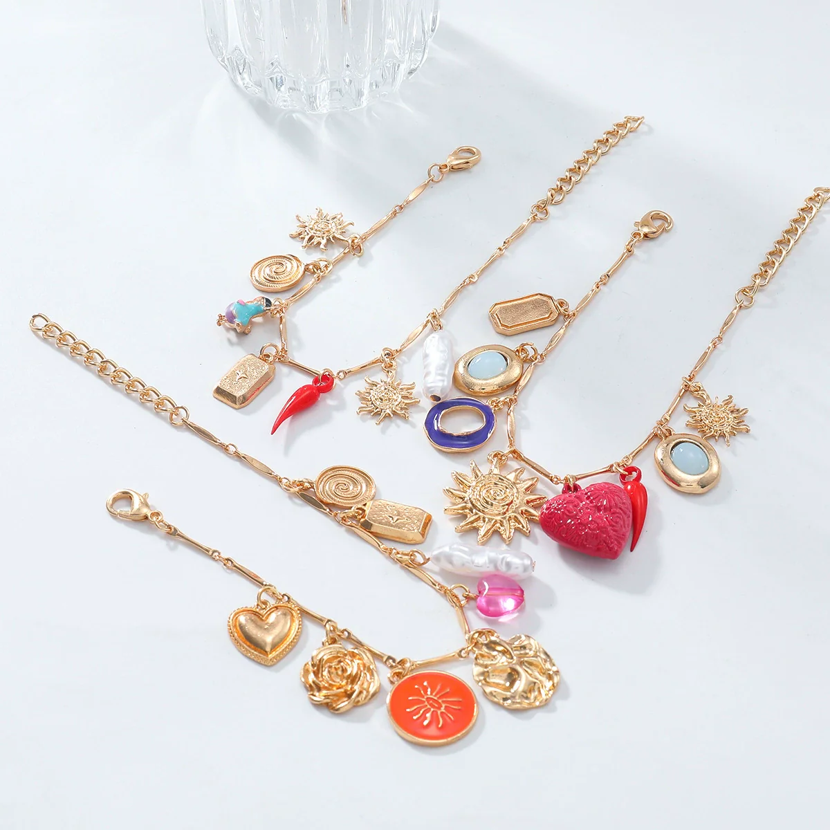Alloy Multilayer Bracelet With Retro Style Dripping Oil Pattern Love Sunflower Chili Bird Leaf Shapes Set With Diamonds For Women - Image 2