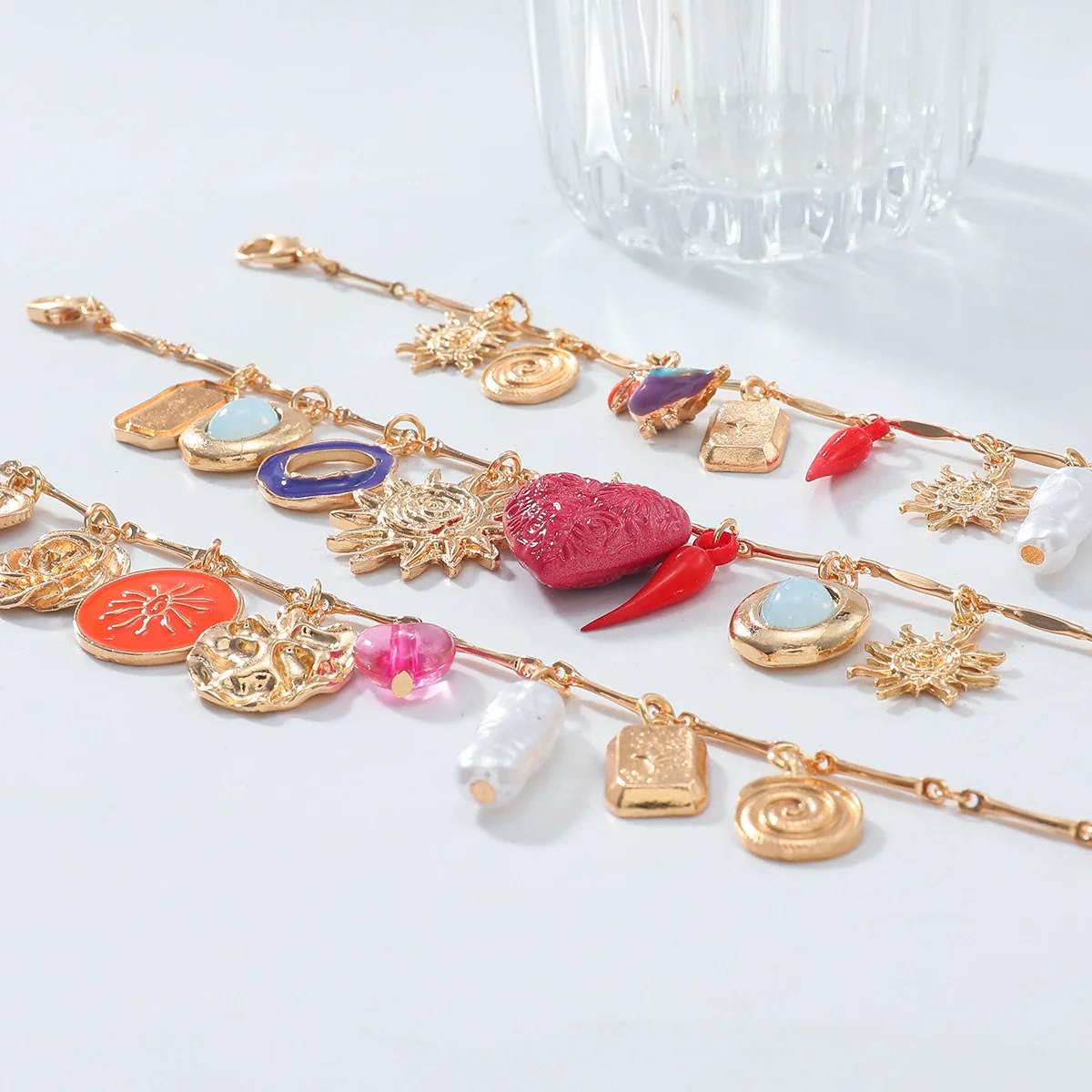 Alloy Multilayer Bracelet With Retro Style Dripping Oil Pattern Love Sunflower Chili Bird Leaf Shapes Set With Diamonds For Women - Image 3