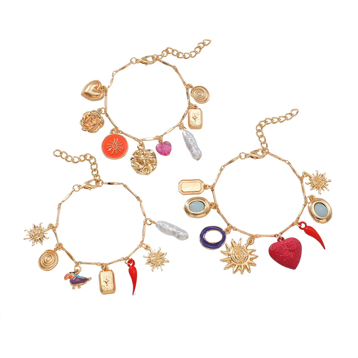 Alloy Multilayer Bracelet With Retro Style Dripping Oil Pattern Love Sunflower Chili Bird Leaf Shapes Set With Diamonds For Women - Image 4