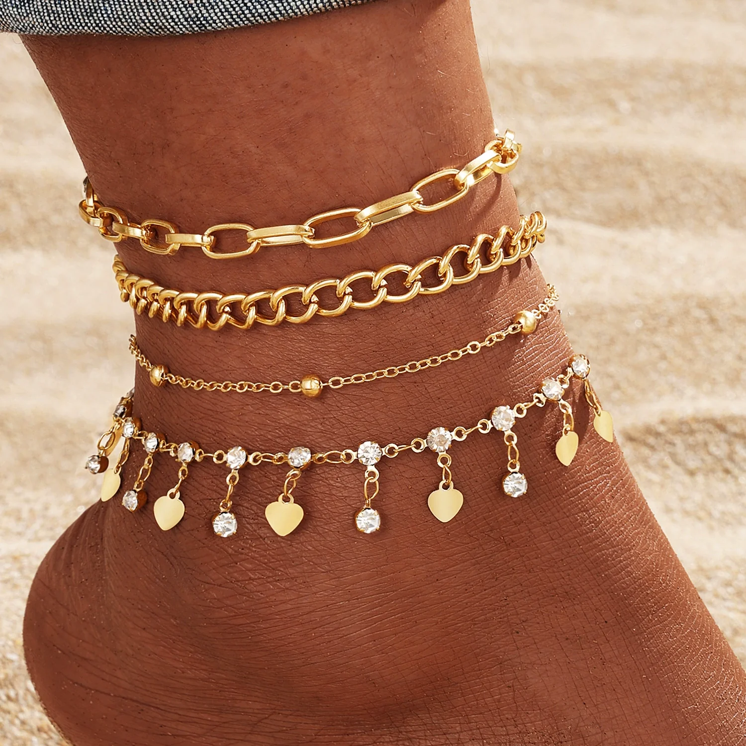 Alloy Multilayer Geometric Butterfly Star Fish Bone Chain Anklet Set For Women - Image 14