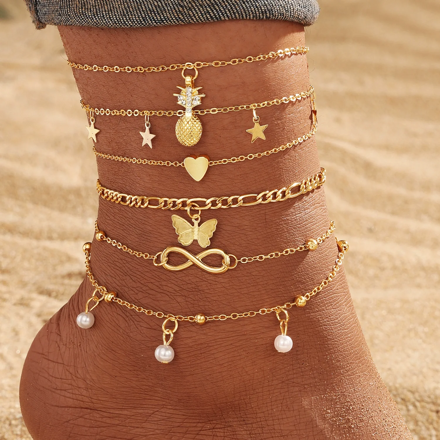 Alloy Multilayer Geometric Butterfly Star Fish Bone Chain Anklet Set For Women - Image 6
