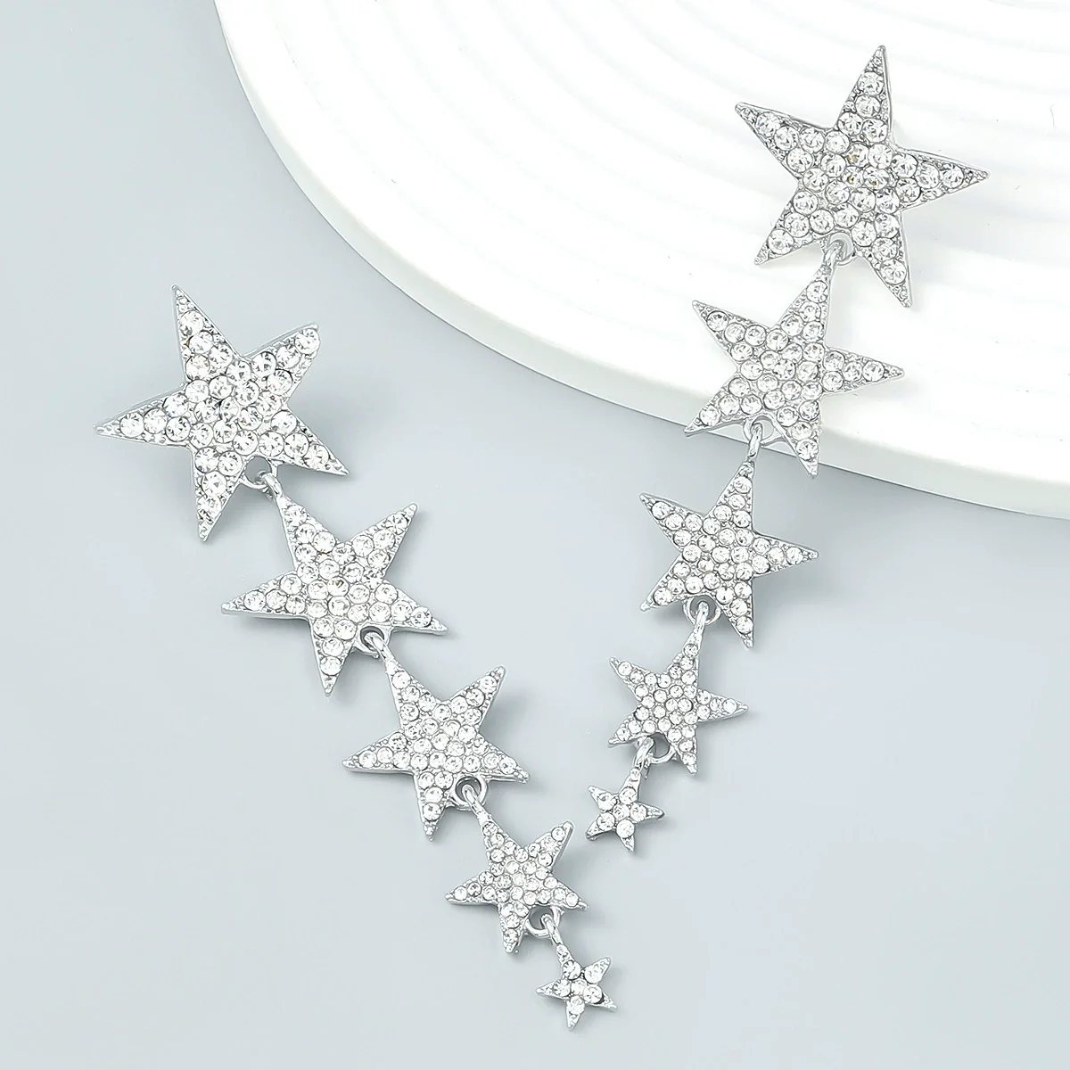 Alloy Multilayer Rhinestone Studded Fivepointed Star Long Earrings For Girls With Geometric Design And Diamond Treatment - Image 3