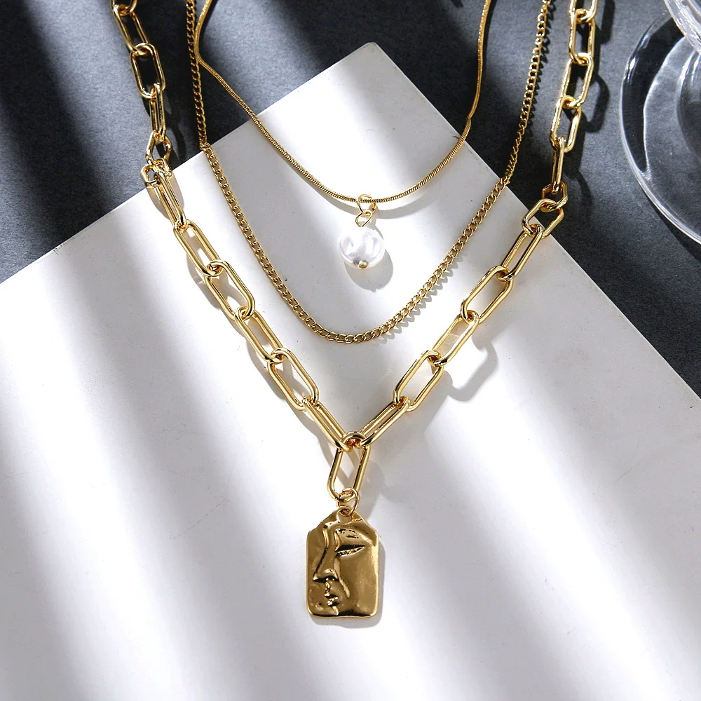 Alloy Multilayer Vintage Geometric Pearl Relief Face Pendant Necklace For Women With Electroplating