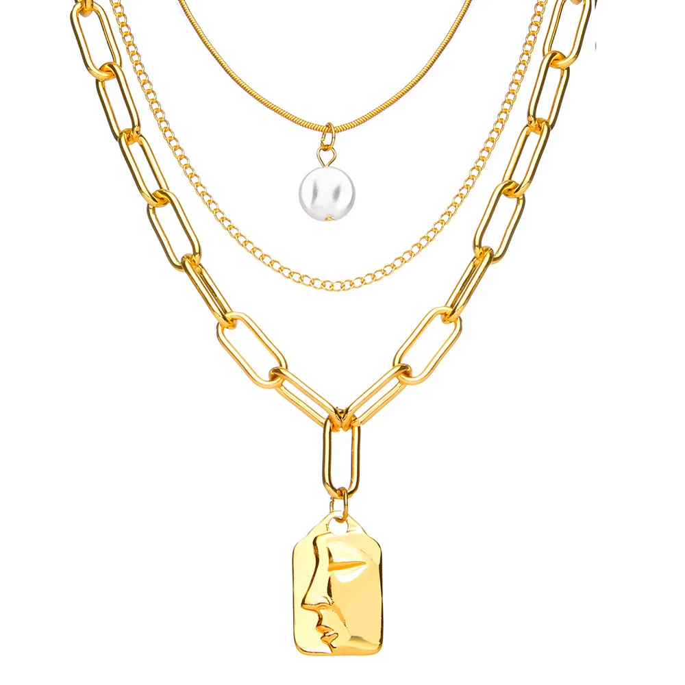 Alloy Multilayer Vintage Geometric Pearl Relief Face Pendant Necklace For Women With Electroplating - Image 5