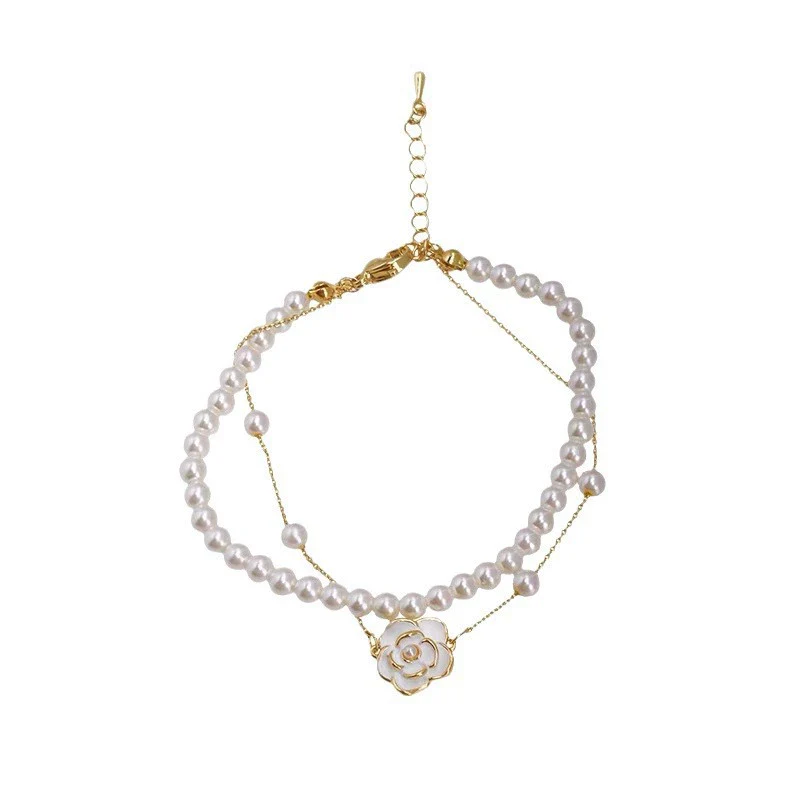 Alloy Pearl Camellia Double Layer Stacked Bracelet For Women Electroplated Hand Jewelry - Image 5