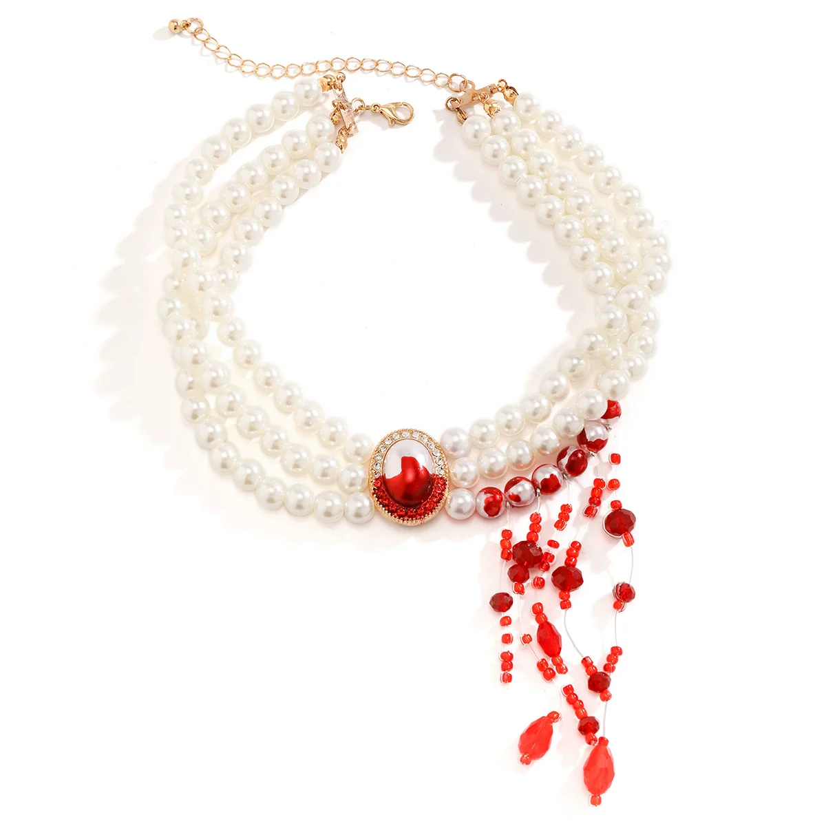 Alloy Pearl Chain Gothic Style Geometric Blood Drop Tassel Pendant Necklace For Women - Image 3