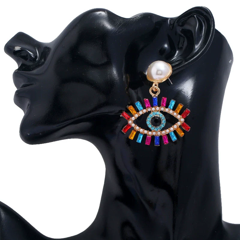 Alloy Pearl Exaggerated Devil's Eye Women's Diamond Earrings - Image 2