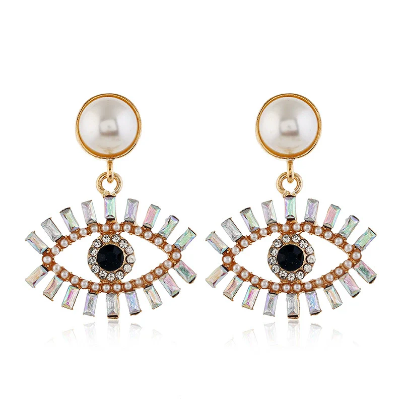 Alloy Pearl Exaggerated Devil's Eye Women's Diamond Earrings - Image 5