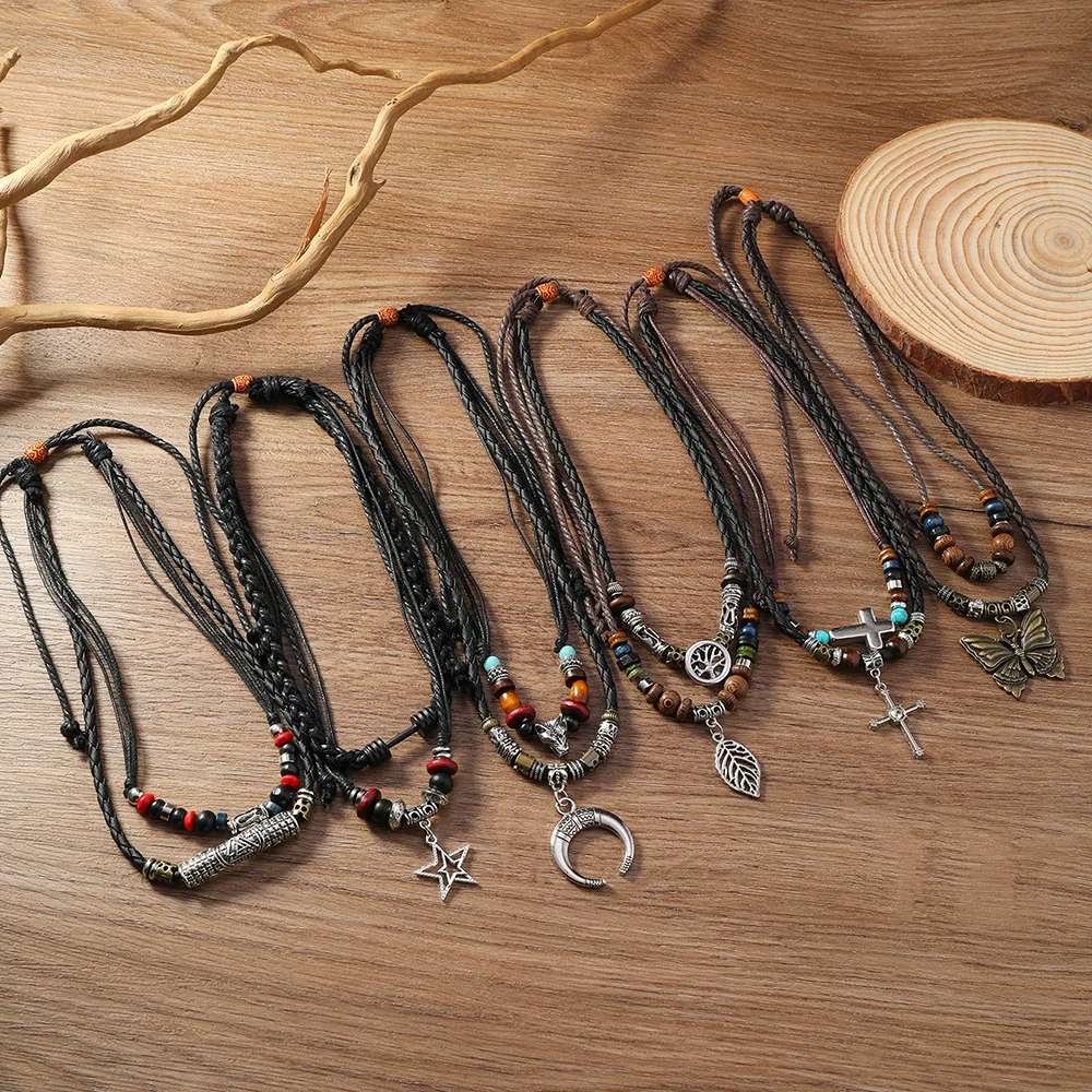 Alloy Pendant Butterfly Necklace Retro Braided Rope Handmade Beaded Multi Layer Unisex