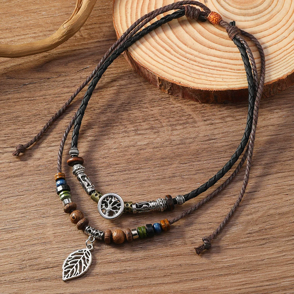 Alloy Pendant Butterfly Necklace Retro Braided Rope Handmade Beaded Multi Layer Unisex - Image 2