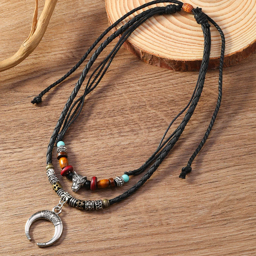 Alloy Pendant Butterfly Necklace Retro Braided Rope Handmade Beaded Multi Layer Unisex - Image 3