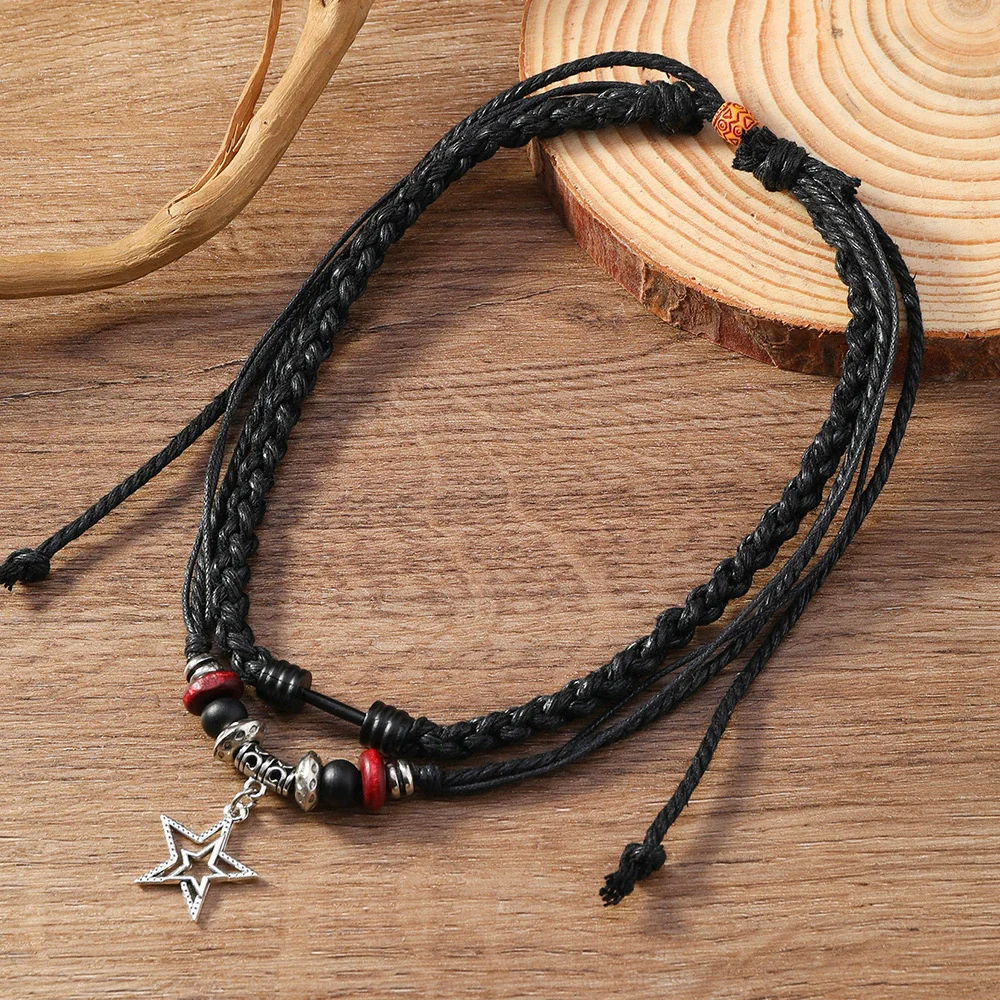 Alloy Pendant Butterfly Necklace Retro Braided Rope Handmade Beaded Multi Layer Unisex - Image 4