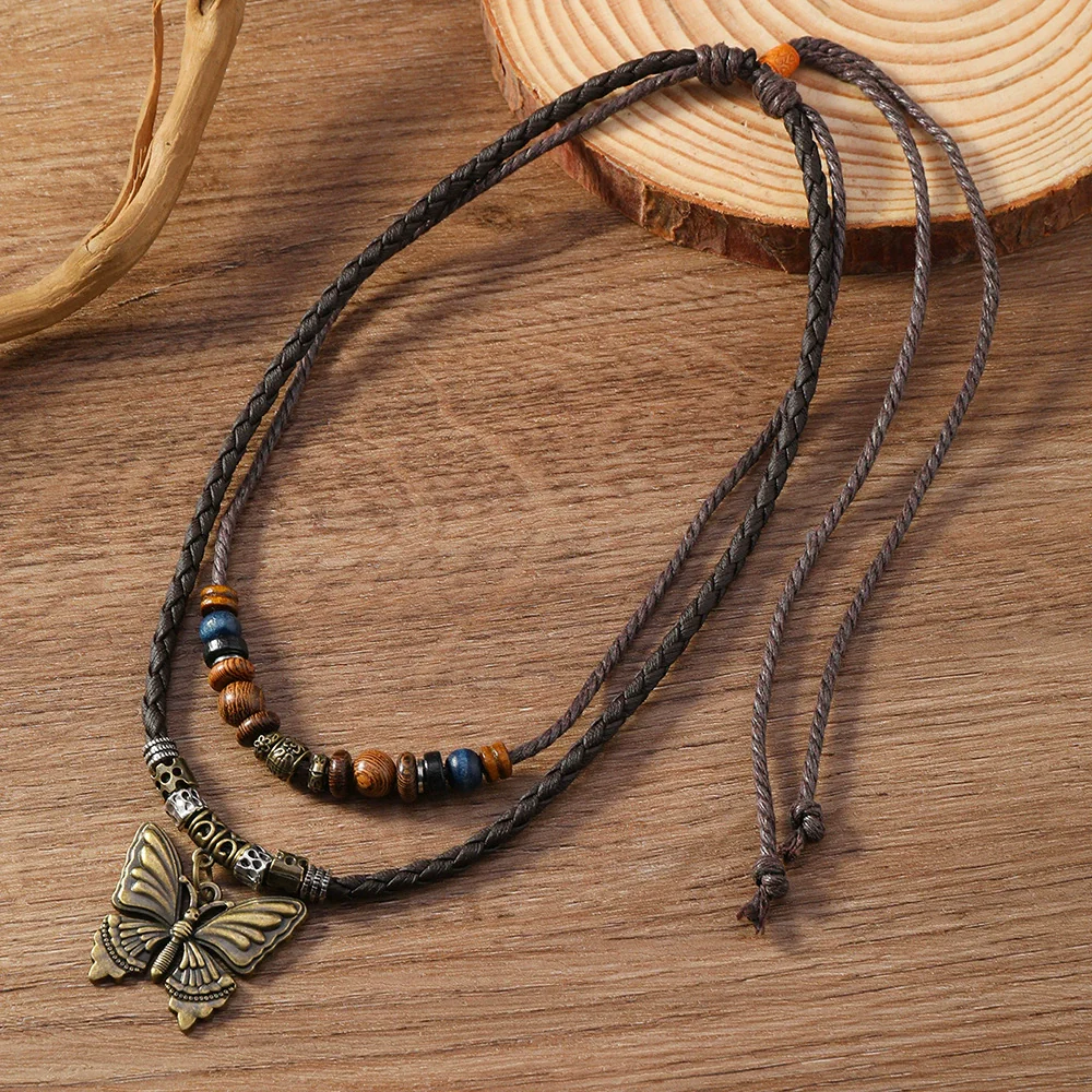 Alloy Pendant Butterfly Necklace Retro Braided Rope Handmade Beaded Multi Layer Unisex - Image 7
