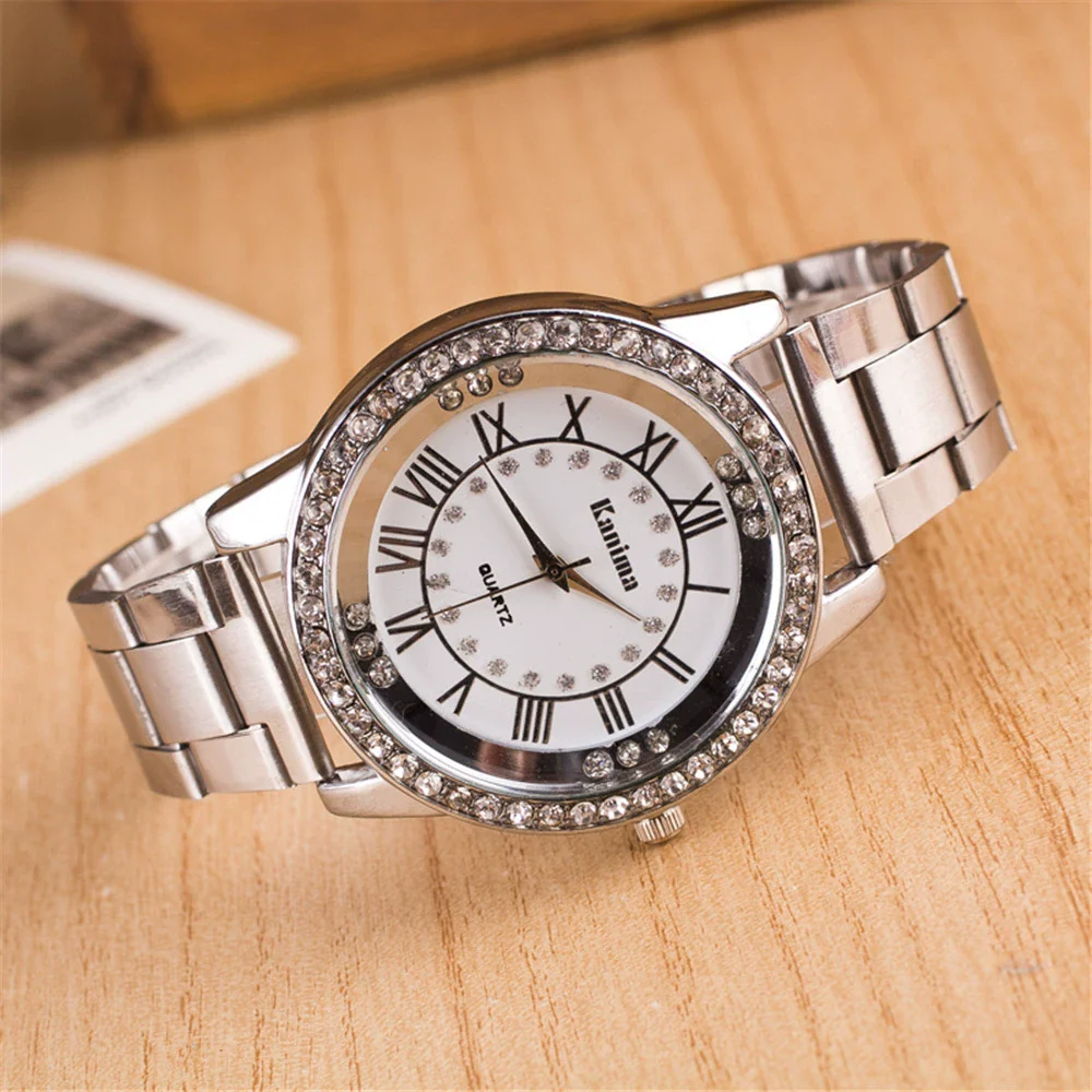 Alloy Quartz Watch With Roman Numerals And Full Diamond Round Dial Stainless Steel Strap For Men And Women - Image 3