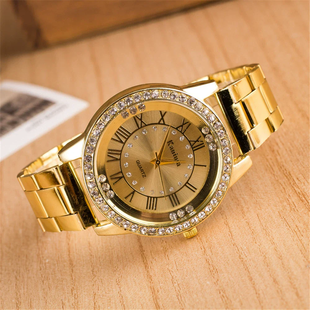Alloy Quartz Watch With Roman Numerals And Full Diamond Round Dial Stainless Steel Strap For Men And Women - Image 4