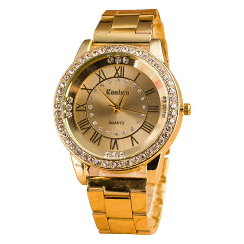 Alloy Quartz Watch With Roman Numerals And Full Diamond Round Dial Stainless Steel Strap For Men And Women - Image 5