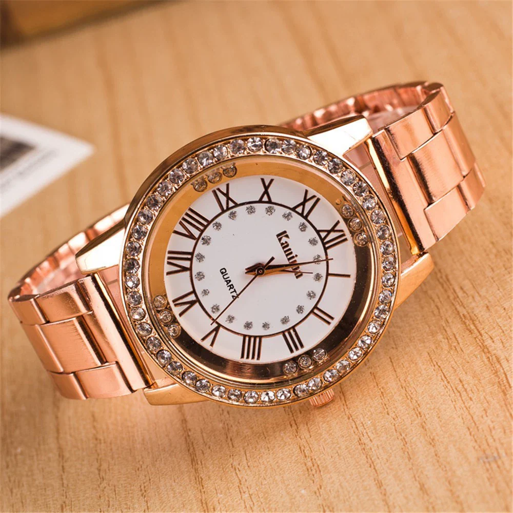 Alloy Quartz Watch With Roman Numerals And Full Diamond Round Dial Stainless Steel Strap For Men And Women - Image 8