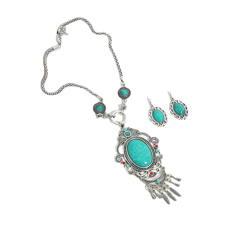 Alloy Retro Ethnic Style Turquoise Tassel Cross Mirror Necklace Earrings Set With Electroplating - Image 5