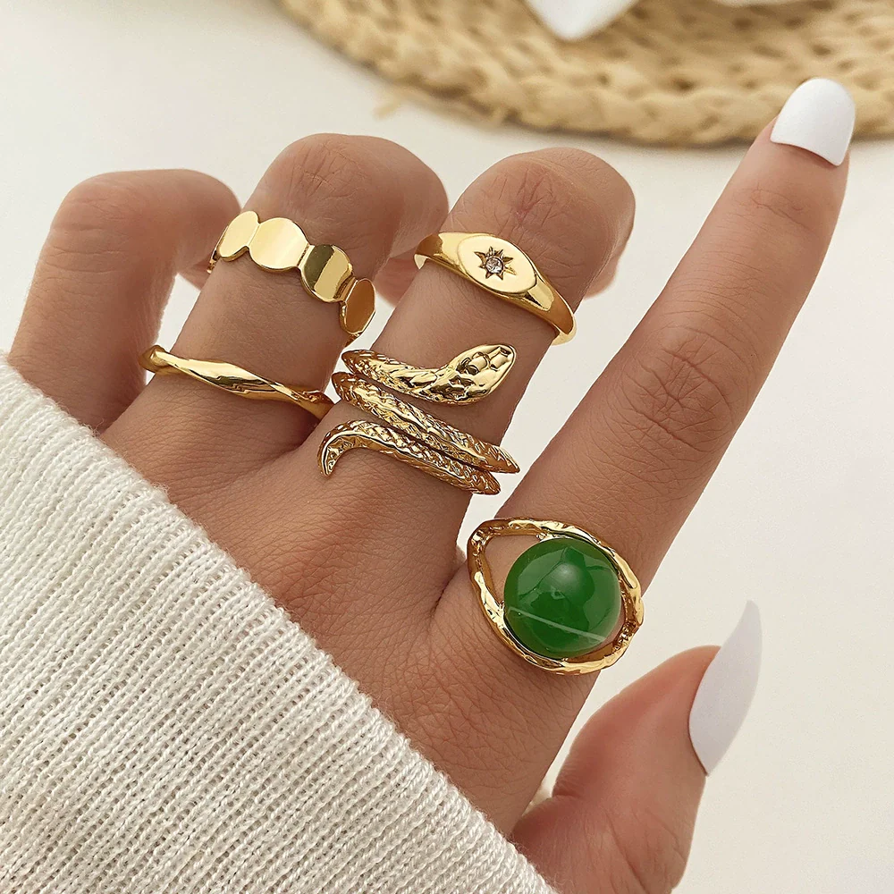 Alloy Retro Geometric Snakeshaped Diamond Ring 5Piece Set For Women
