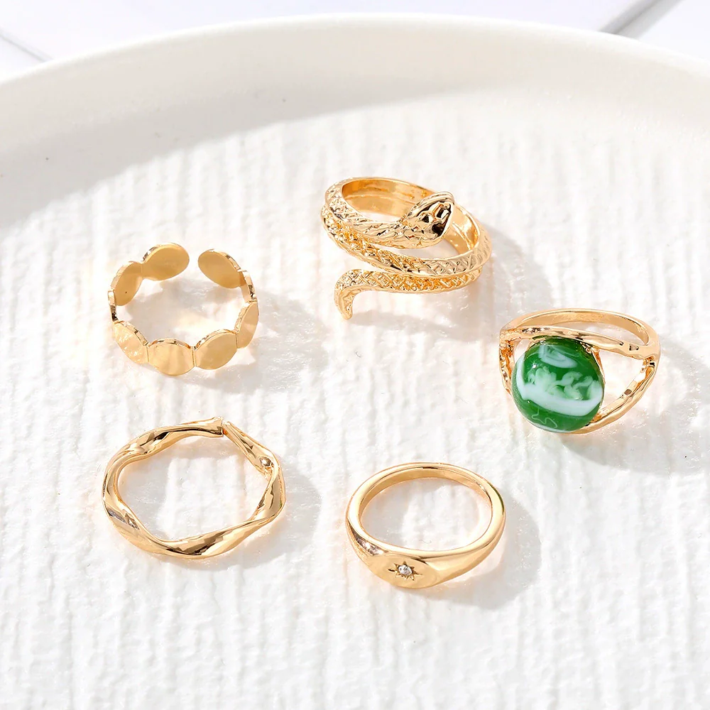 Alloy Retro Geometric Snakeshaped Diamond Ring 5Piece Set For Women - Image 3