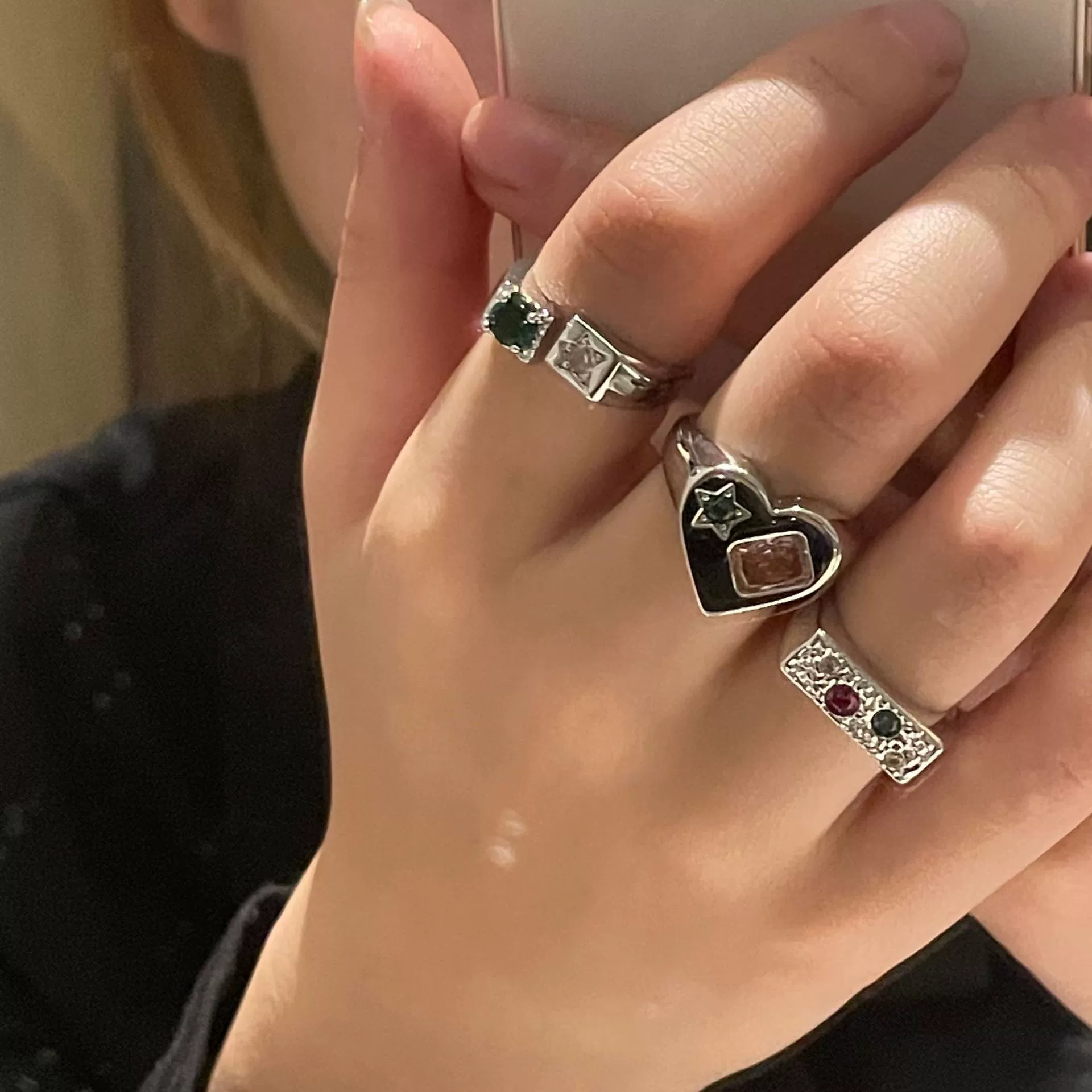 Alloy Retro Love Square Rhinestone Heart Diamond Ring Unisex - Image 3
