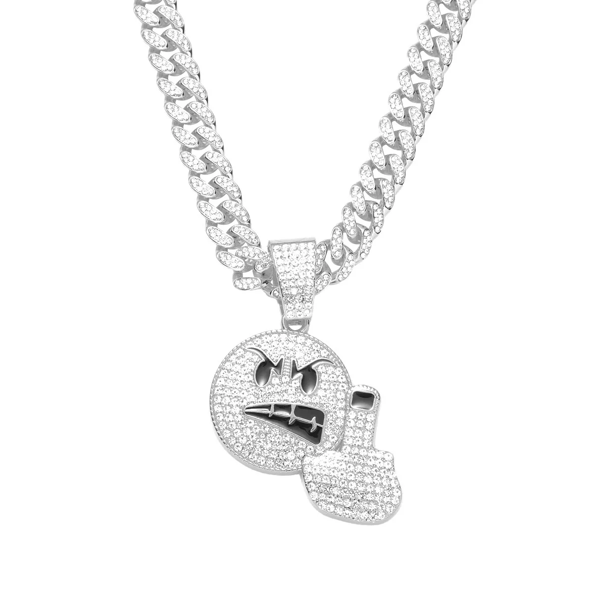 Alloy Rhinestone Diamond Emoji Anger Pendant Cuban Chain Hiphop Men's Necklace - Image 5