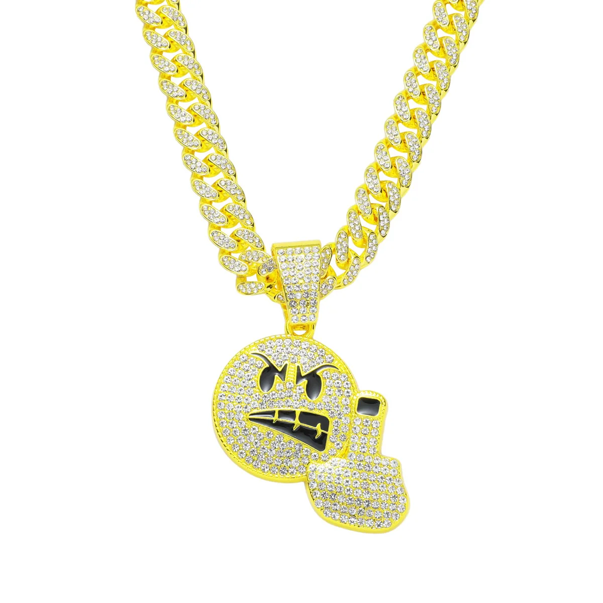 Alloy Rhinestone Diamond Emoji Anger Pendant Cuban Chain Hiphop Men's Necklace - Image 6