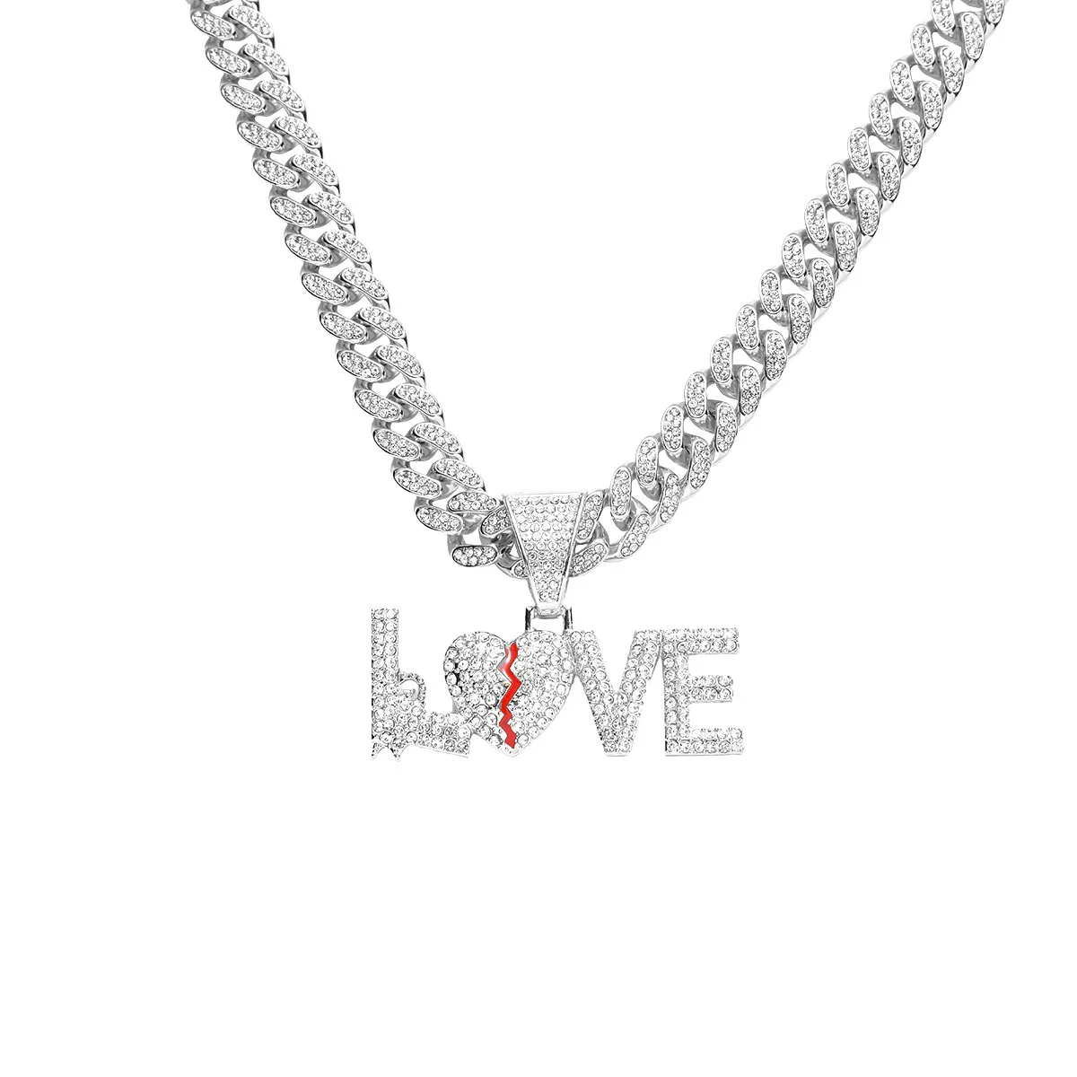 Alloy Rhinestone Letter Love Pendant Necklace For Men Cuban Chain Style Diamond Design - Image 5
