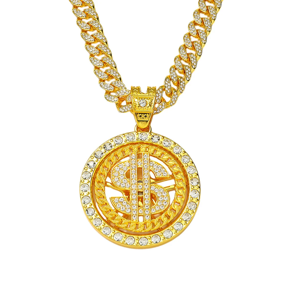 Alloy Rotating Us Dollar Pendant Necklace For Men With Diamond Design And Cuban Chain Style