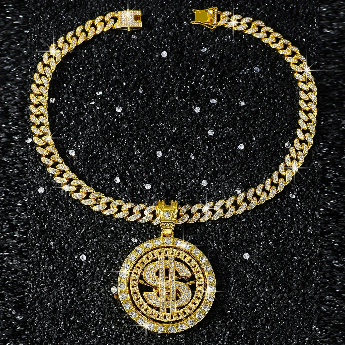 Alloy Rotating Us Dollar Pendant Necklace For Men With Diamond Design And Cuban Chain Style - Image 2