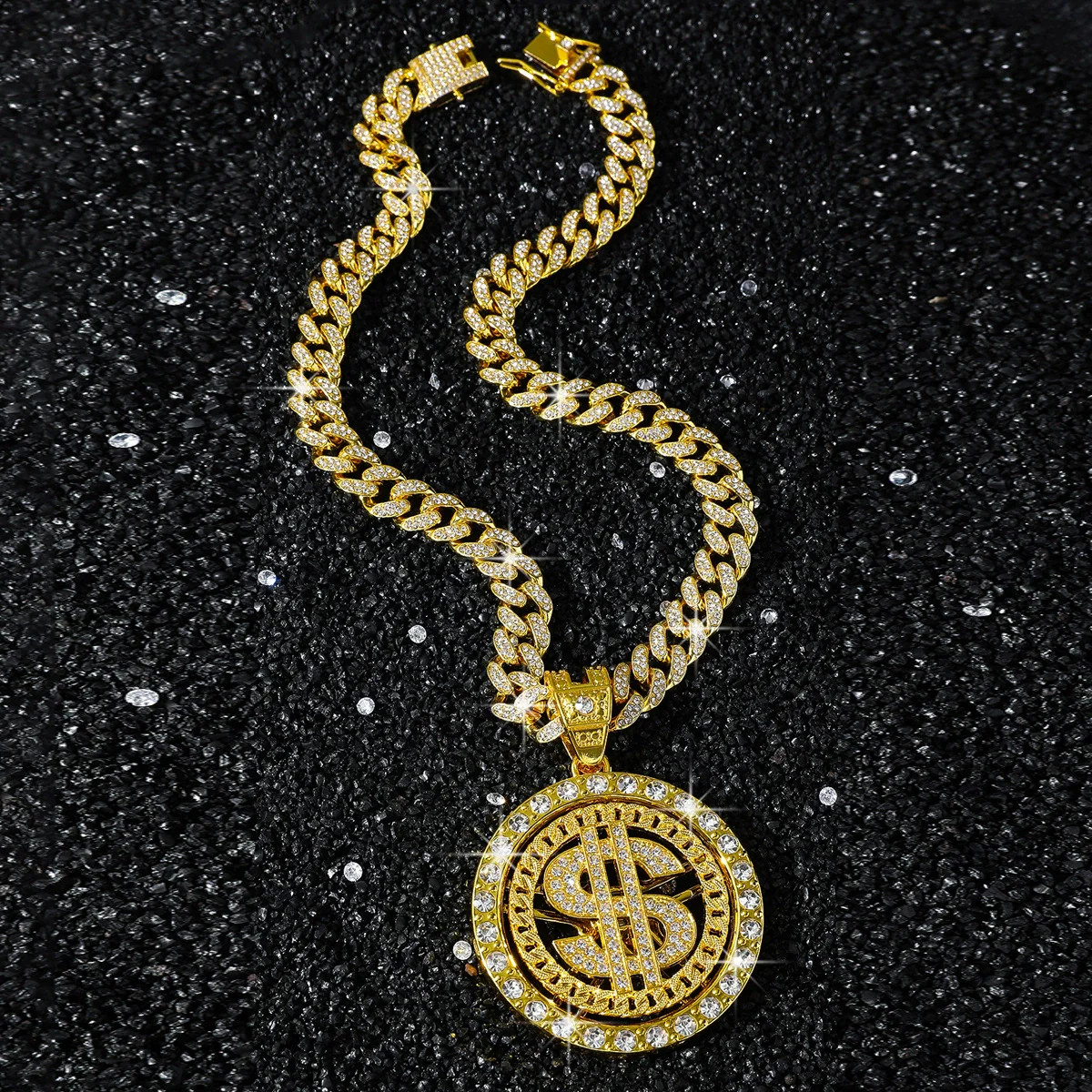 Alloy Rotating Us Dollar Pendant Necklace For Men With Diamond Design And Cuban Chain Style - Image 3