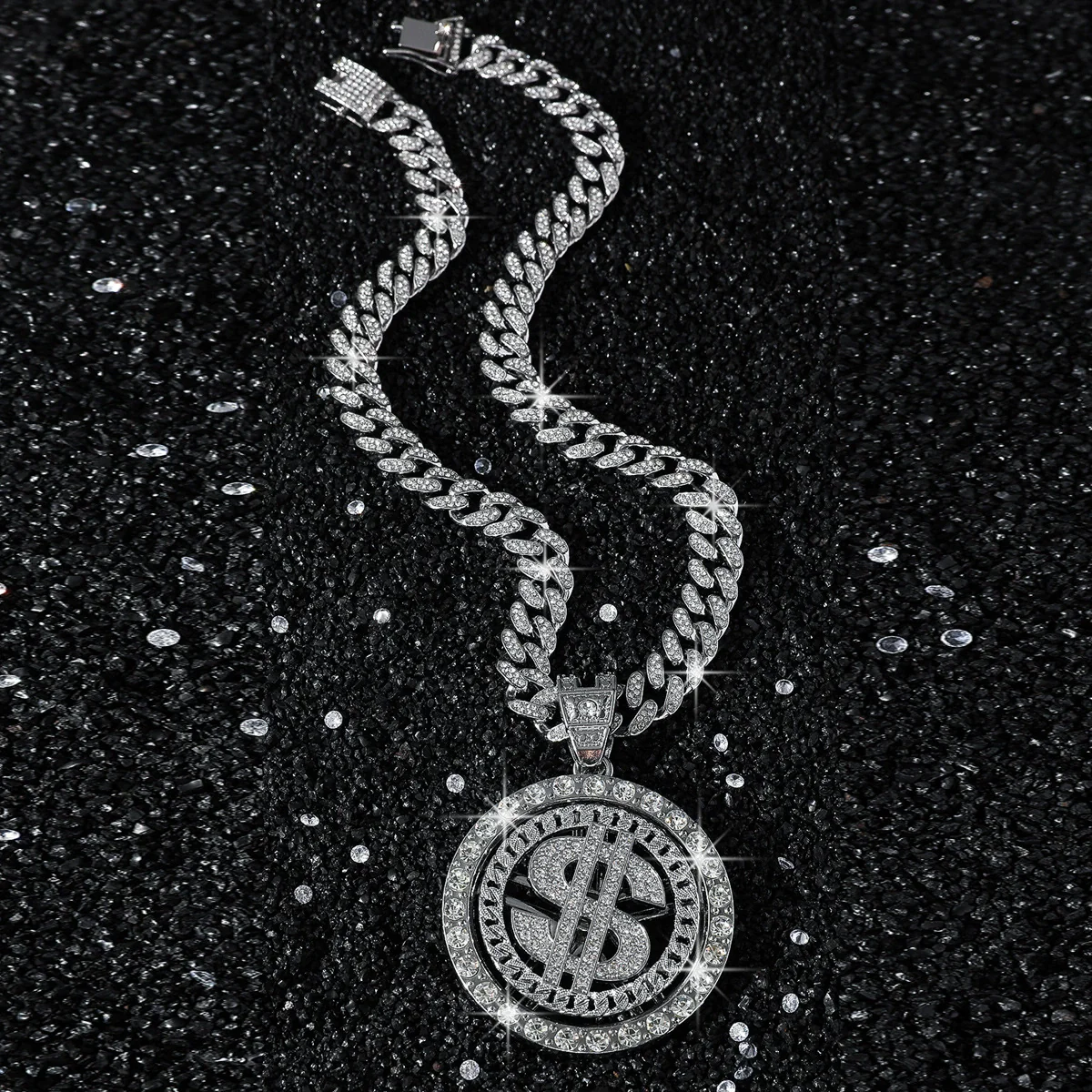 Alloy Rotating Us Dollar Pendant Necklace For Men With Diamond Design And Cuban Chain Style - Image 4