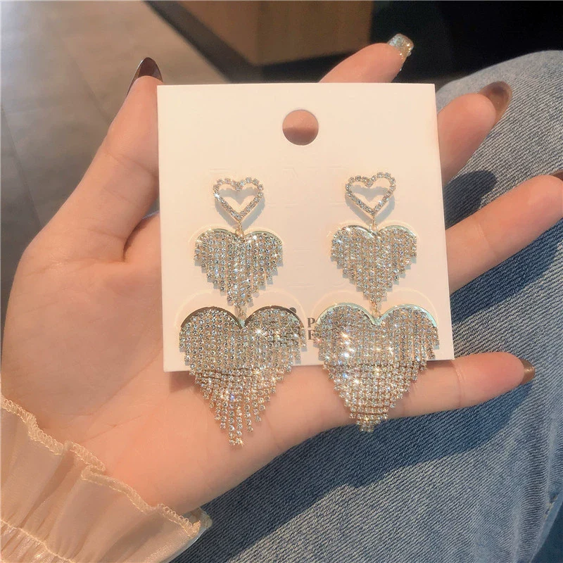 Alloy S925 Silver Rhinestone Tassel Peach Heart Long Earrings With Electroplating For Women