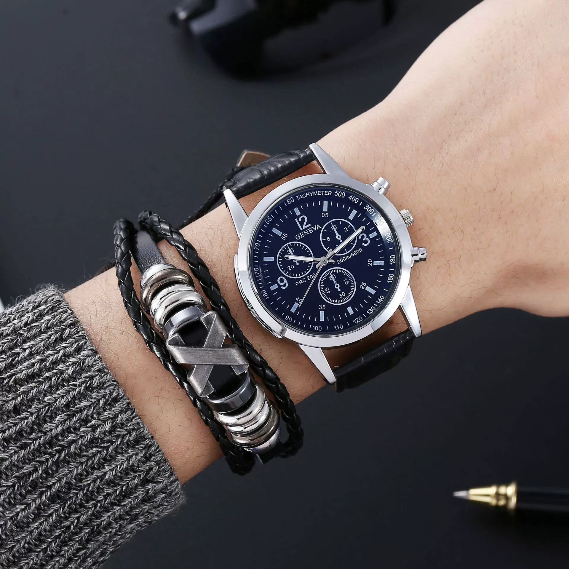 Alloy Shell Imitation Leather Strap Men's Leisure Quartz Watch With Round Dial And Blue Light Twopiece Set - Image 6