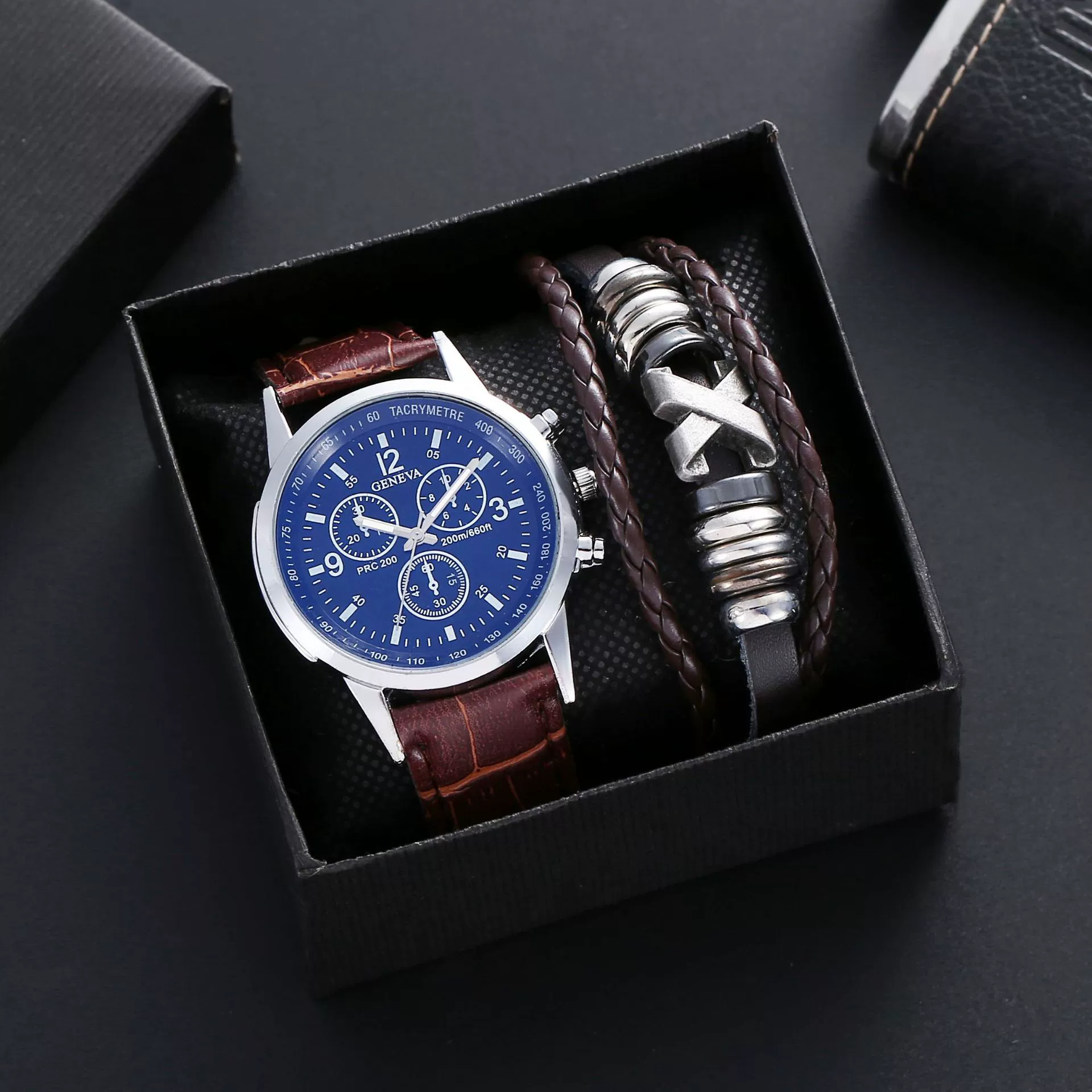 Alloy Shell Imitation Leather Strap Men's Leisure Quartz Watch With Round Dial And Blue Light Twopiece Set - Image 8