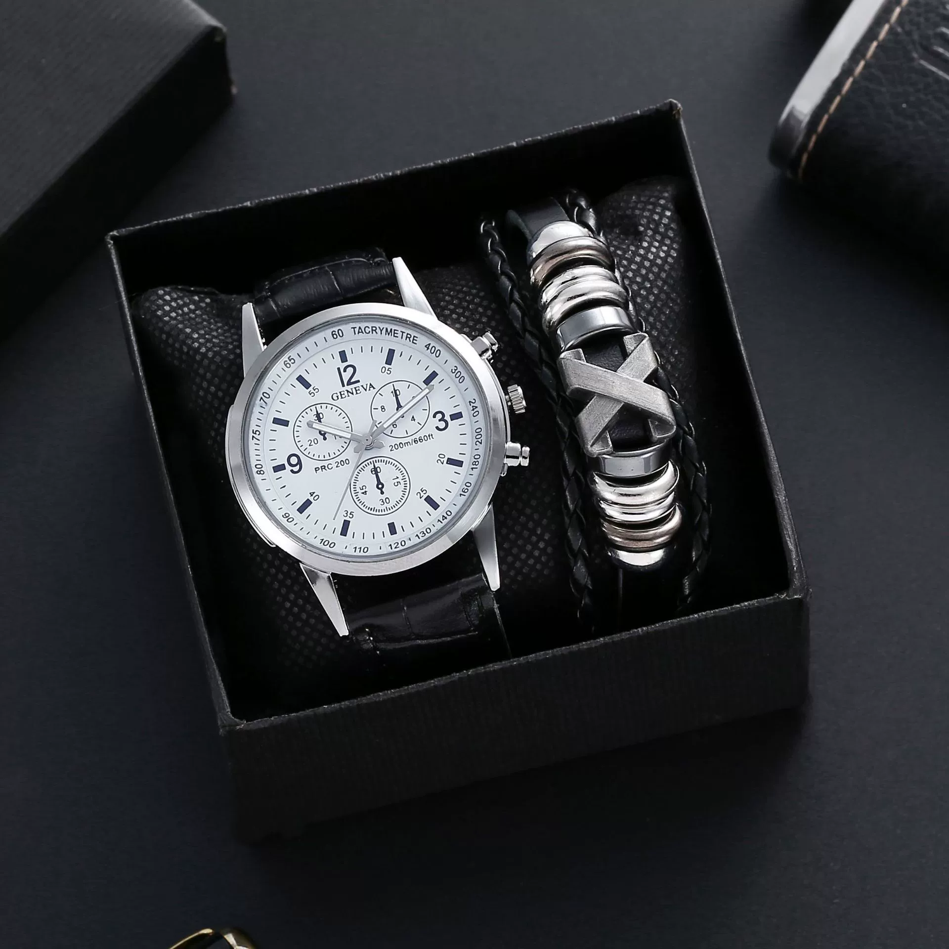 Alloy Shell Imitation Leather Strap Men's Leisure Quartz Watch With Round Dial And Blue Light Twopiece Set - Image 9
