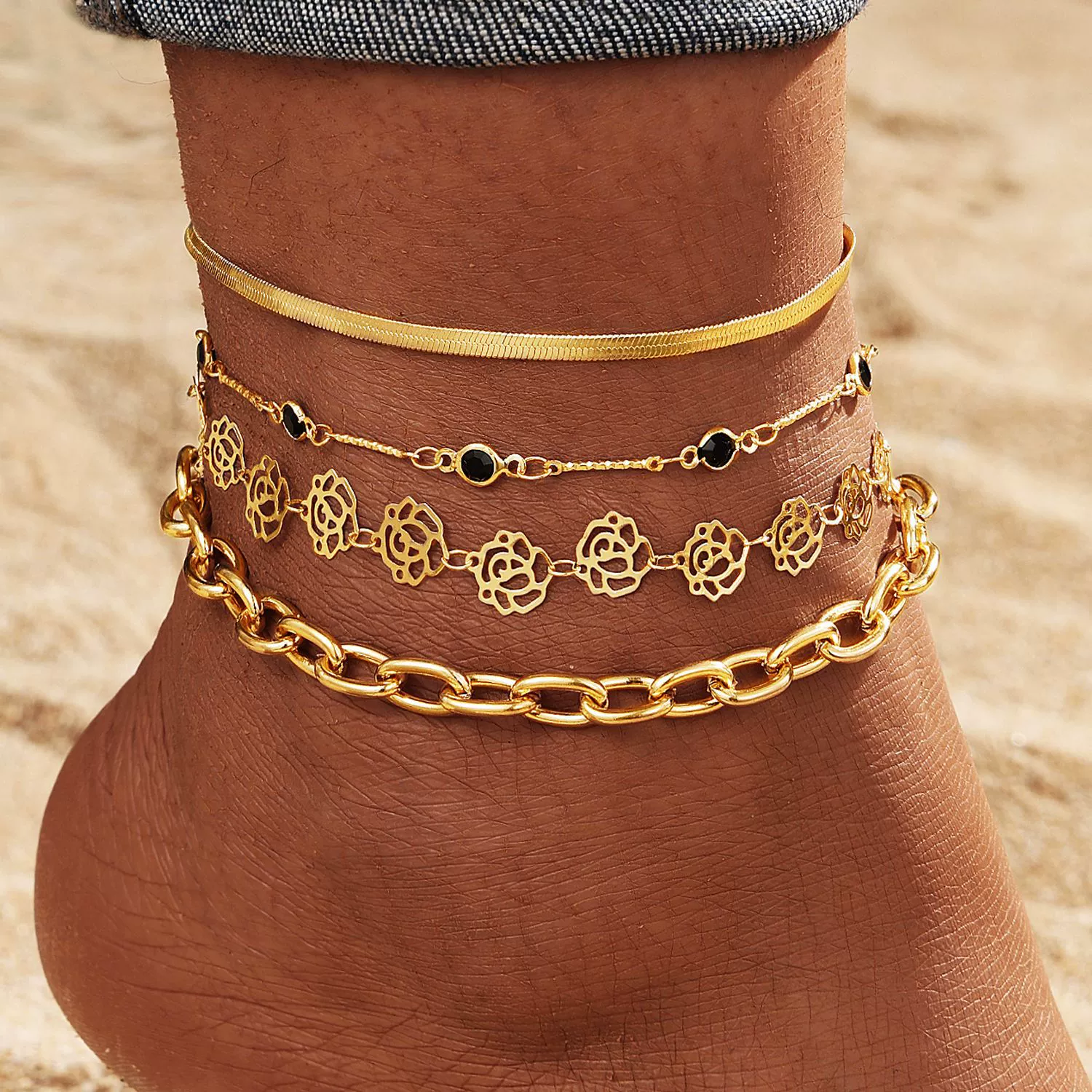 Alloy Snake Chain Flower Inlaid Artificial Gemstones And Semiprecious Stones Women's Anklet