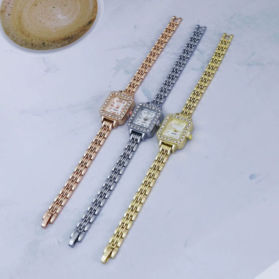 Alloy Square Bracelet Watch For Ladies Tweed Style Single Folding Buckle Rose Gold Buckle Ordinary Glass Mirror Spiral Crown - Image 4