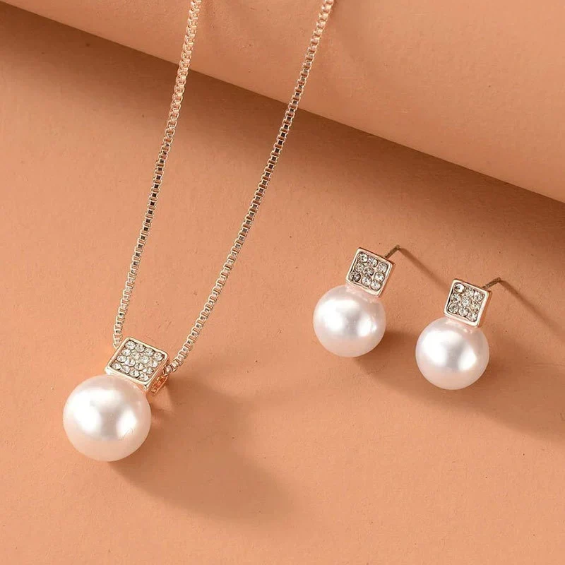 Alloy Square Pearl Jewelry Set With Diamond Inlaid For Women