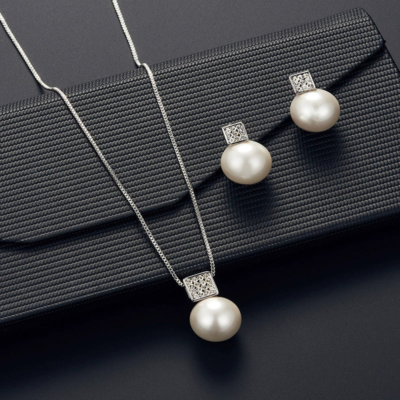 Alloy Square Pearl Jewelry Set With Diamond Inlaid For Women - Image 3