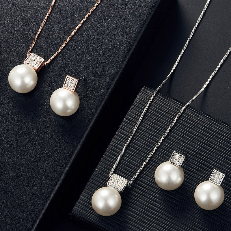 Alloy Square Pearl Jewelry Set With Diamond Inlaid For Women - Image 4