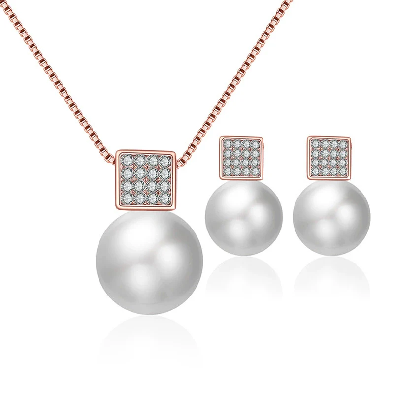Alloy Square Pearl Jewelry Set With Diamond Inlaid For Women - Image 5