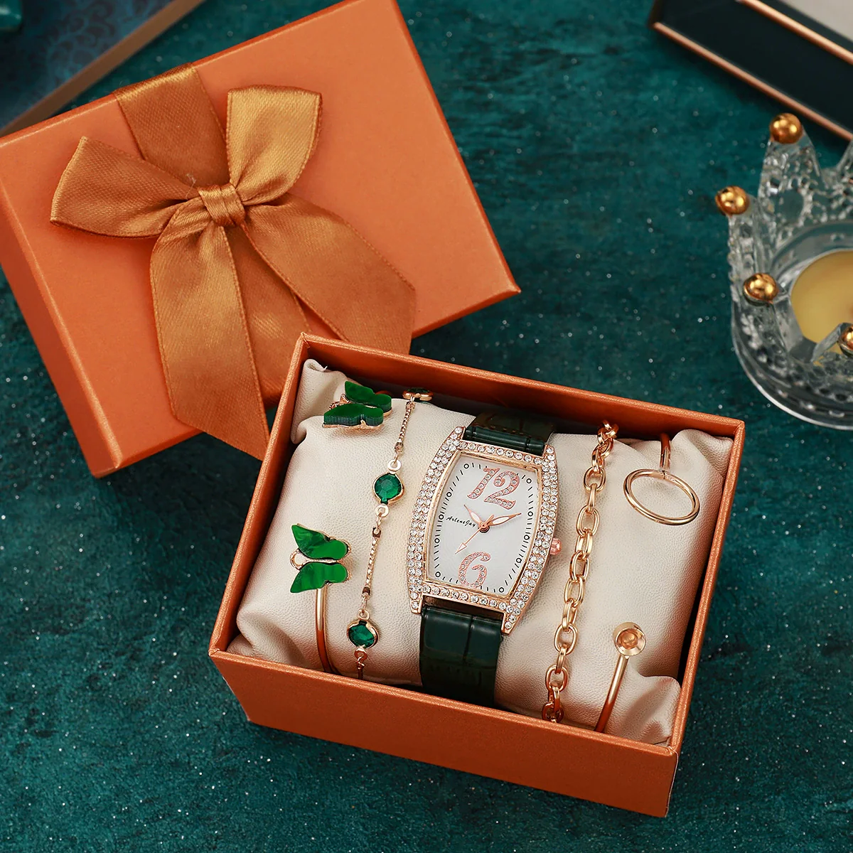 Alloy Stainless Steel Square Rhinestone Quartz Watch And Butterfly Diamond Bracelet Set For Ladies - Image 6
